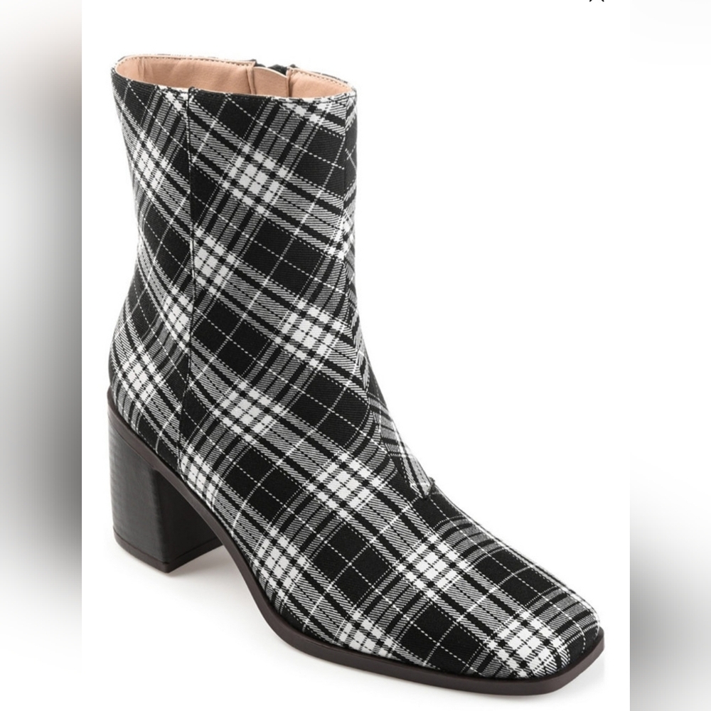 JOURNEE COLLECTION WOMEN'S SLOANE SQUARE TOE BLOCK HEEL BOOTIE PLAID SIZE 8 NIB